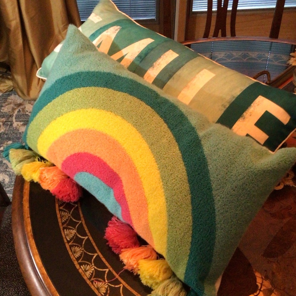 Colorful Rainbow and Smile Pillow in Beach House Guest Bedroom